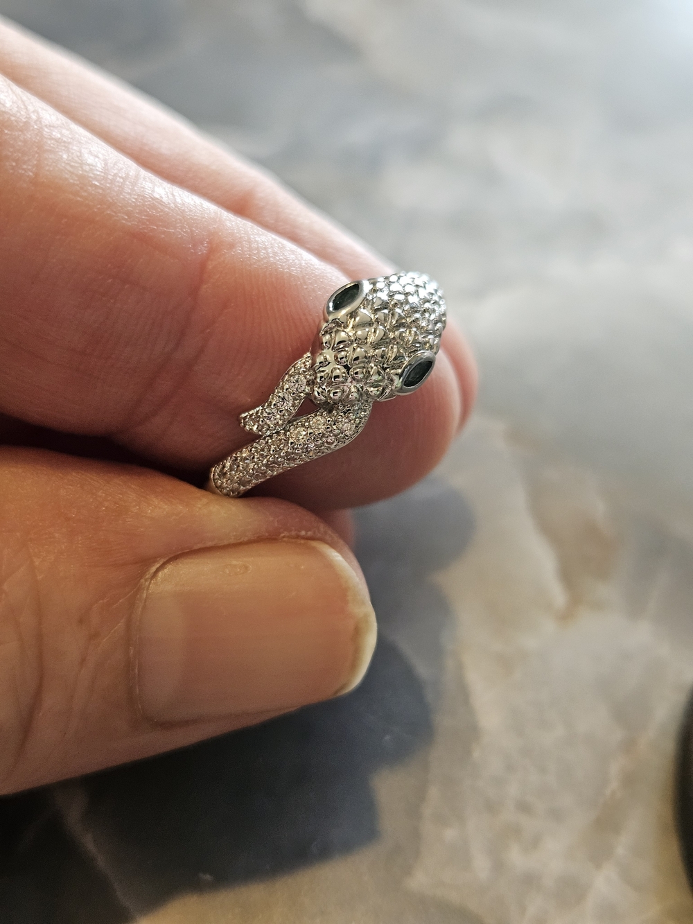 Silver Tone Snake Head Pavé Ring Size 7